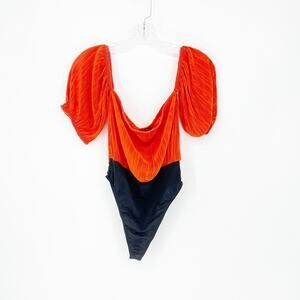 Boohoo Puff Sleeve Plisse Orange Bodysuit Size 12